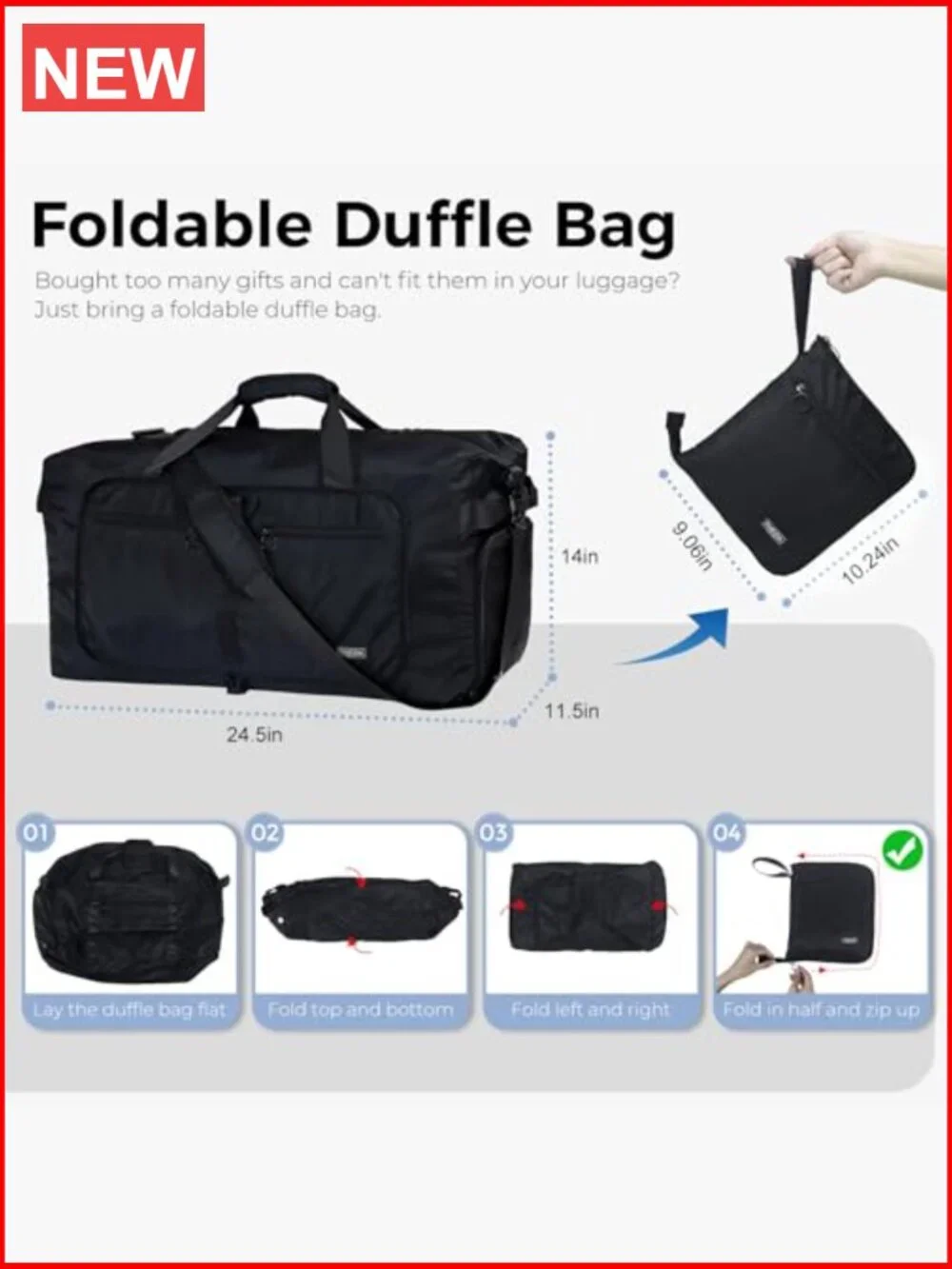 65L Foldable Travel Duffle Bag with Shoes Compartment, Water Resistant, Tear